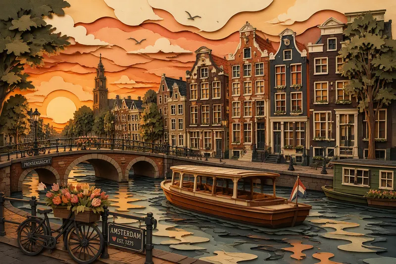 Historiallisia kanavataloja Amsterdamissa auringonlaskun aikaan Historiallisia kanavataloja Amsterdamissa auringonlaskun aikaan
