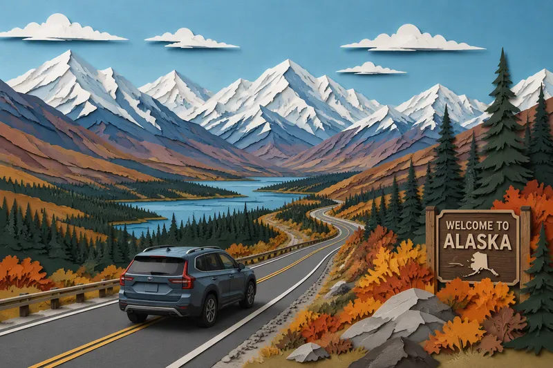 Moderni maasturi ajamassa Alaskan maisematiellä