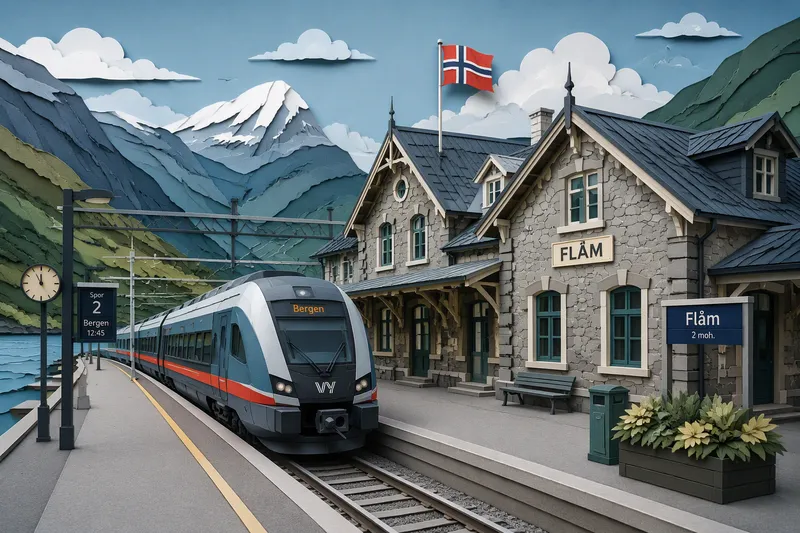 Bergenin rautatieasema ja juna laiturilla