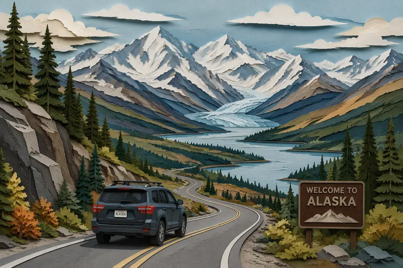 Maastoauto ajamassa Alaskan vuoristotiellä Maastoauto ajamassa Alaskan vuoristotiellä