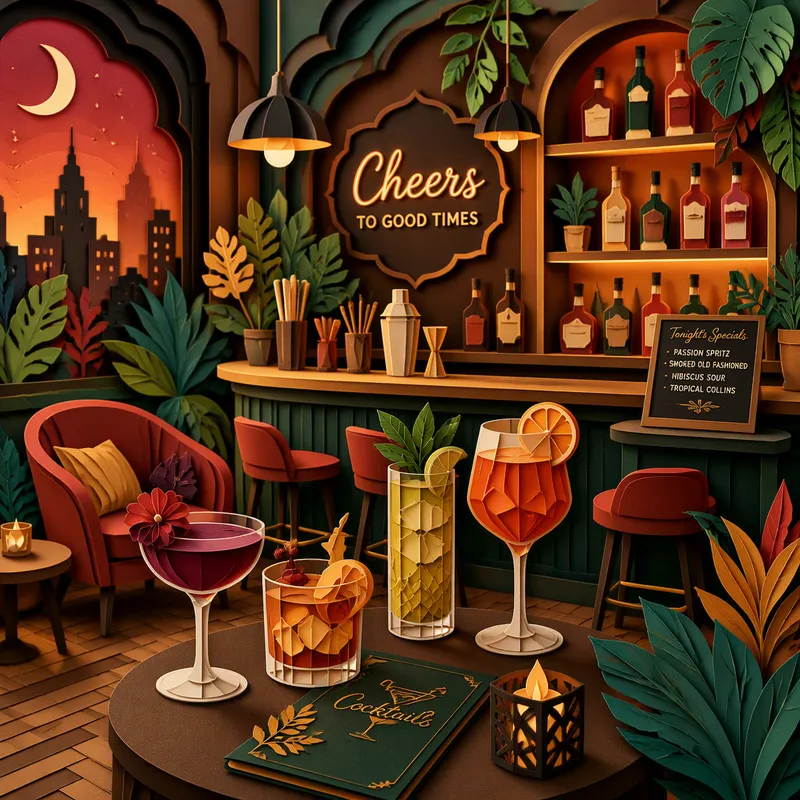 Tyylikäs cocktail-baari, jossa värikkäitä juomia