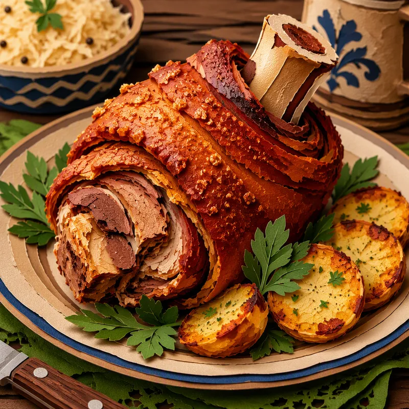 Paistettu sianpotka eli Schweinshaxe perunoiden kera