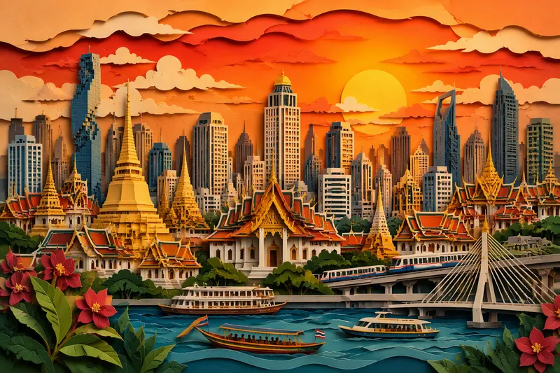 Bangkokin moderni siluetti ja perinteiset temppelit auringonlaskussa