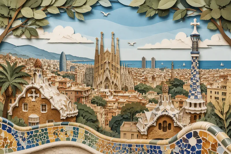 Barcelonan kaupunkinäkymä arkkitehtuurin ja meren yllä Barcelonan kaupunkinäkymä arkkitehtuurin ja meren yllä