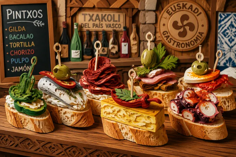 Erilaisia värikkäitä pintxos-annoksia baaritiskillä Erilaisia värikkäitä pintxos-annoksia baaritiskillä