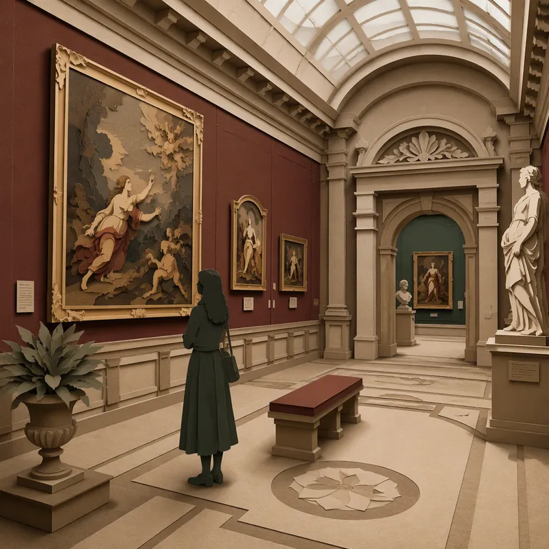 Taidegallerian rauhallinen näyttelysali täynnä klassisia maalauksia Taidegallerian rauhallinen näyttelysali täynnä klassisia maalauksia
