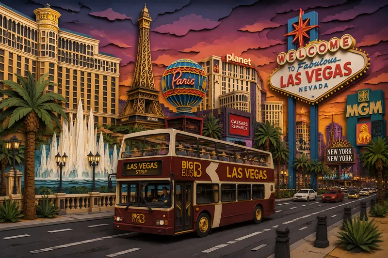 Kaksikerroksinen bussi kulkee Las Vegasin Stripillä Kaksikerroksinen bussi kulkee Las Vegasin Stripillä