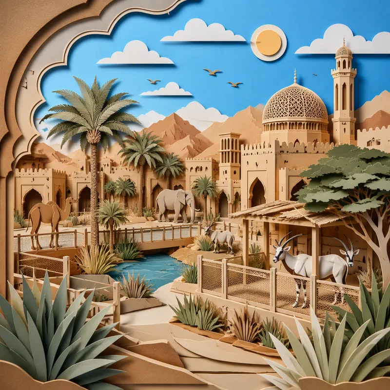 Arabialaistyylistä arkkitehtuuria ja eläimiä Camel Republicissa