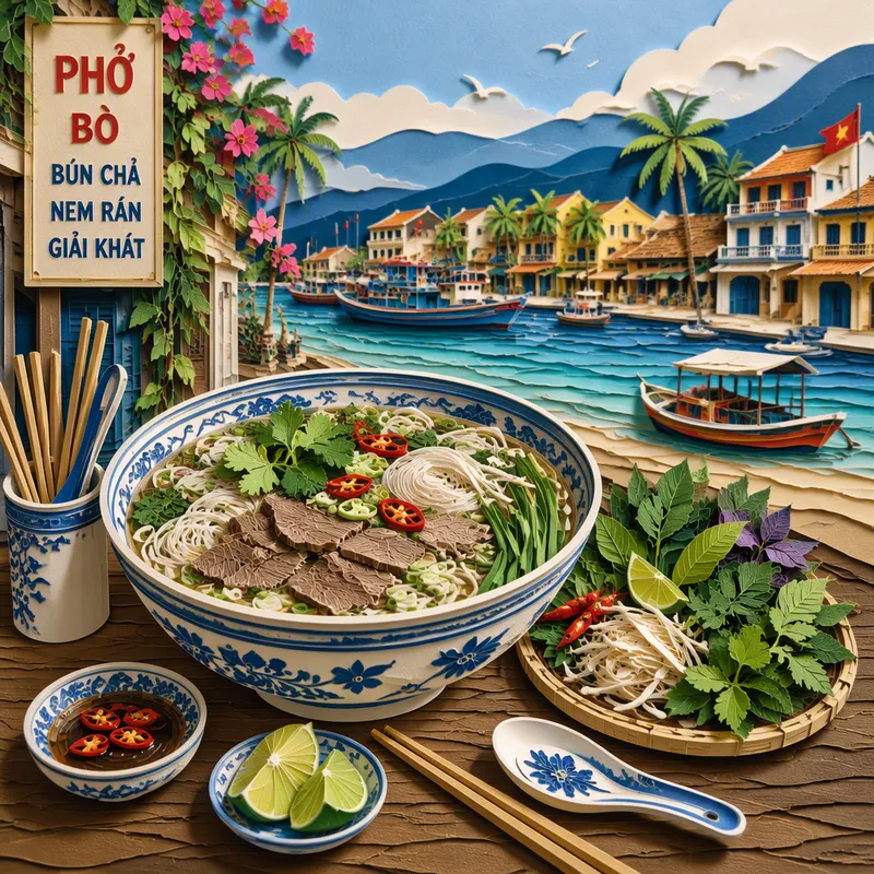 Vietnamilaista katuruokaa ja tuoreita yrttejä puupöydällä Vietnamilaista katuruokaa ja tuoreita yrttejä puupöydällä