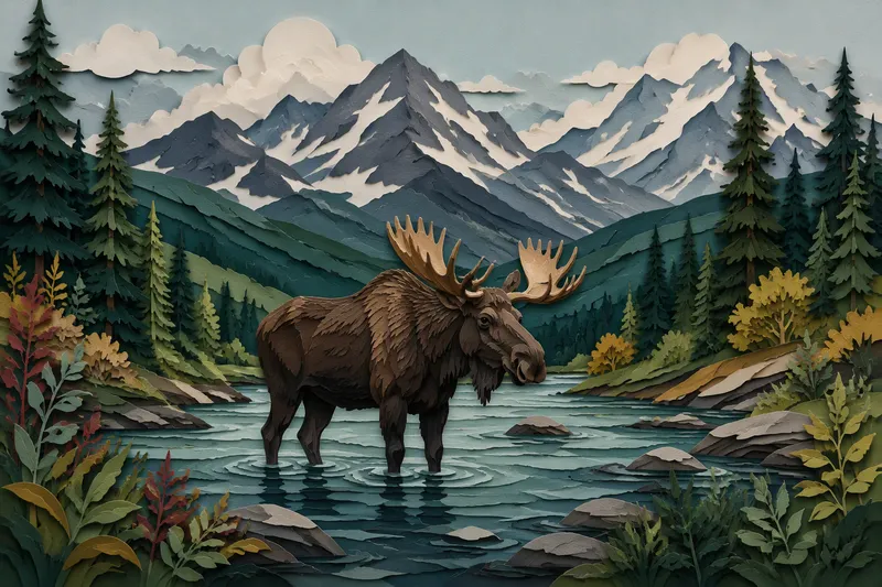 Alaskan hirvi seisoo joessa luonnon keskellä Alaskan hirvi seisoo joessa luonnon keskellä
