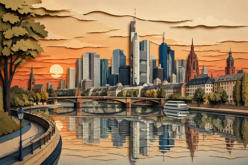 Frankfurtin moderni siluetti ja Main-joki auringonlaskussa Frankfurtin moderni siluetti ja Main-joki auringonlaskussa