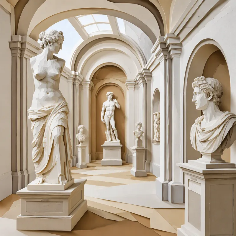 Antiikin marmoriveistoksia museon valoisassa galleriassa Antiikin marmoriveistoksia museon valoisassa galleriassa