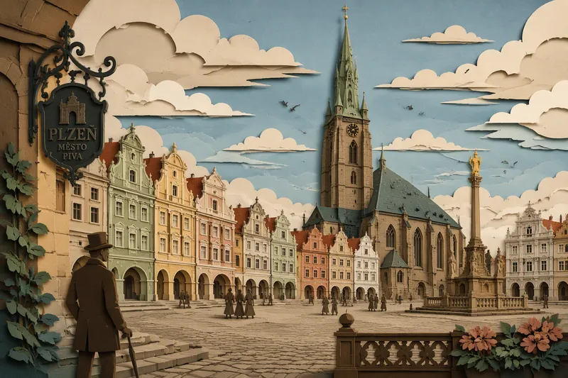 Plzeňin historiallinen keskustori ja katedraalin torni