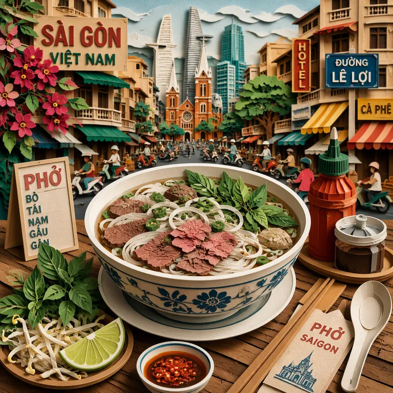 Perinteinen vietnamilainen pho-keitto tarjoiltuna Perinteinen vietnamilainen pho-keitto tarjoiltuna