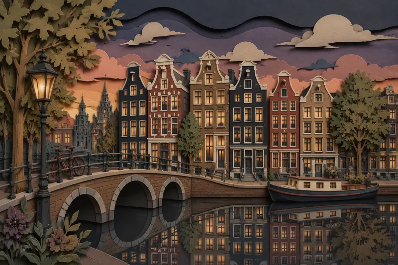 Historiallisia kanavataloja Amsterdamissa hämärän aikaan