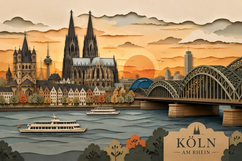 Kölnin kaupunkinäkymä ja Rhein-joki auringonlaskun aikaan Kölnin kaupunkinäkymä ja Rhein-joki auringonlaskun aikaan