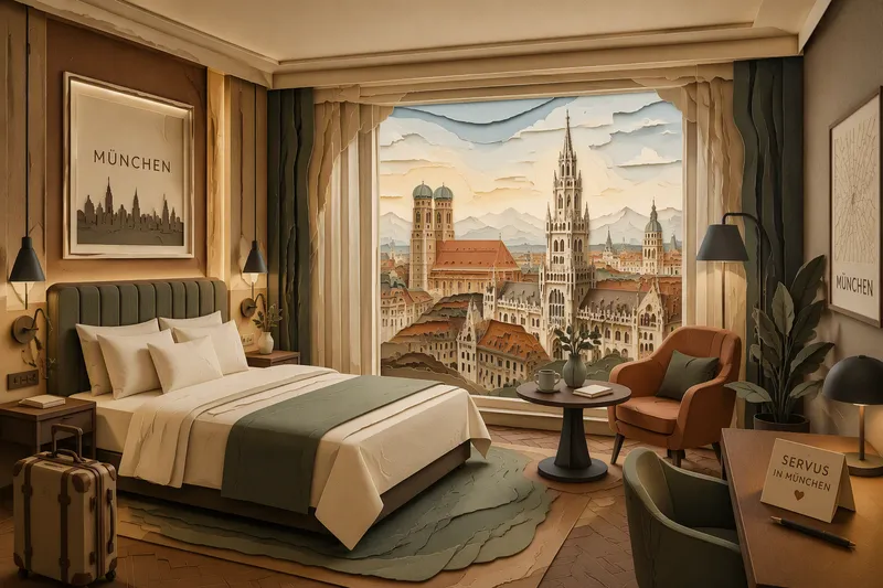 Moderni hotellihuone kaupunkinäkymällä Moderni hotellihuone kaupunkinäkymällä