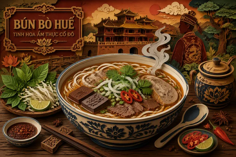 Höyryävä kulhollinen Bun Bo Hue -keittoa Höyryävä kulhollinen Bun Bo Hue -keittoa