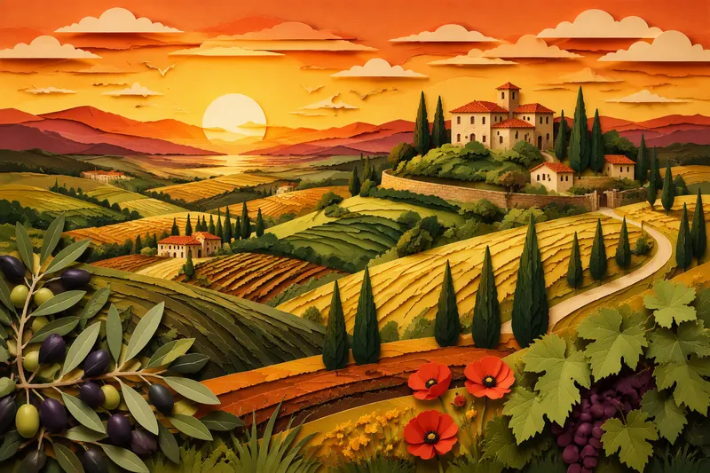Toscanalainen maaseutumaisema kumpuilevine kukkuloineen Toscanalainen maaseutumaisema kumpuilevine kukkuloineen