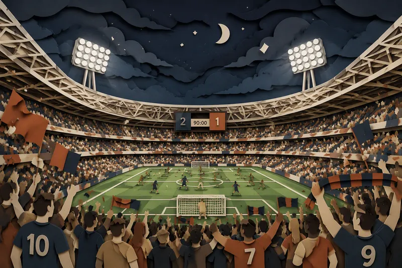 Täysi jalkapallostadion iltavalaistuksessa Täysi jalkapallostadion iltavalaistuksessa