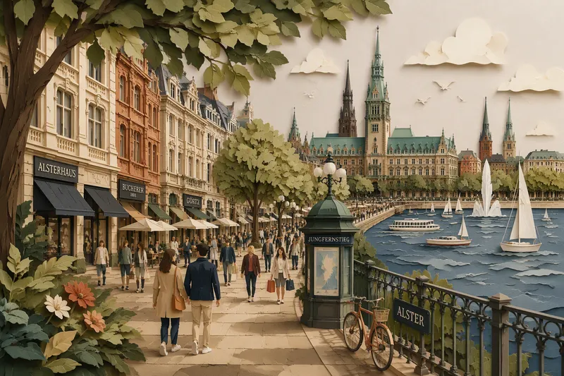 Jungfernstieg ja Alster-järven ranta kaupungin keskustassa Jungfernstieg ja Alster-järven ranta kaupungin keskustassa