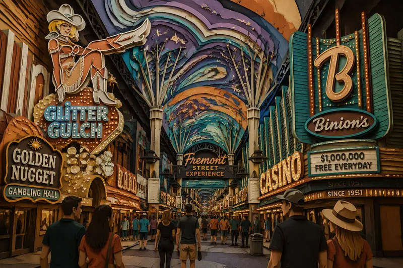 Fremont Streetin neonvalot ja vilkas tunnelma yöllä Fremont Streetin neonvalot ja vilkas tunnelma yöllä
