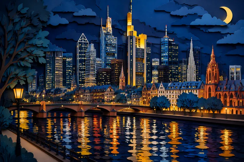 Frankfurtin moderni siluetti yöllä valoineen