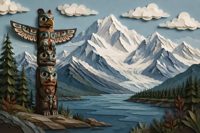 Alaskan alkuperäiskansojen totemipaalu vuoristomaisemassa Alaskan alkuperäiskansojen totemipaalu vuoristomaisemassa