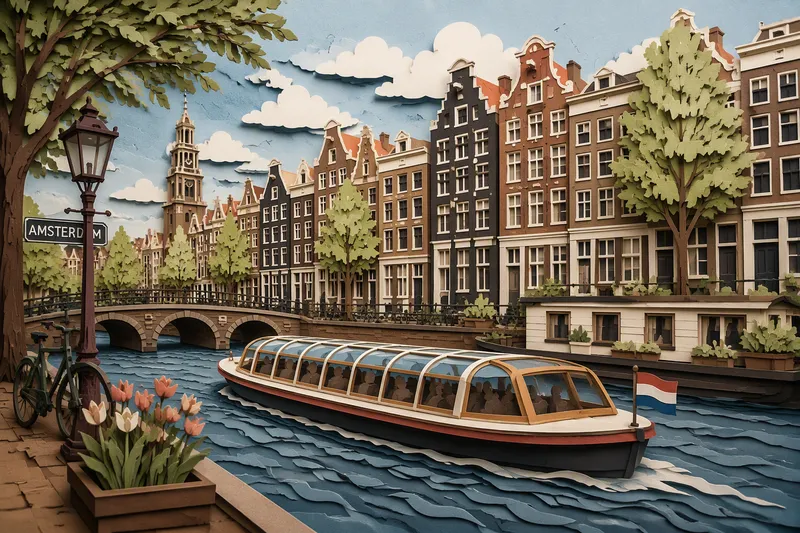 Turistivene risteilemässä Amsterdamin kanavalla historiallisten talojen välissä