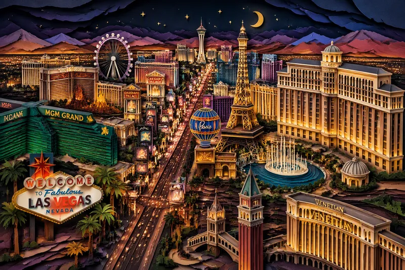 Las Vegasin kasinohotellit ja valaistu kaupungin siluetti yöllä