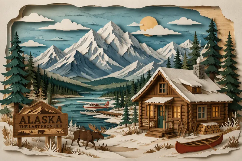 Kodikas puumökki lumisessa Alaskan luonnossa Kodikas puumökki lumisessa Alaskan luonnossa