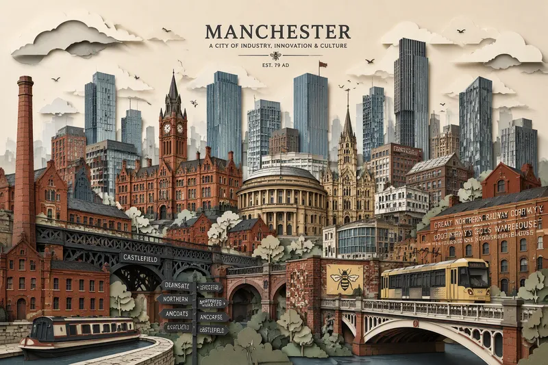 Manchesterin kaupunkinäkymä jossa yhdistyy historiallinen ja moderni arkkitehtuuri
