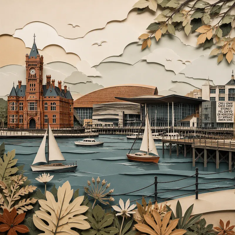 Cardiff Bayn modernia arkkitehtuuria ja satamanäkymiä