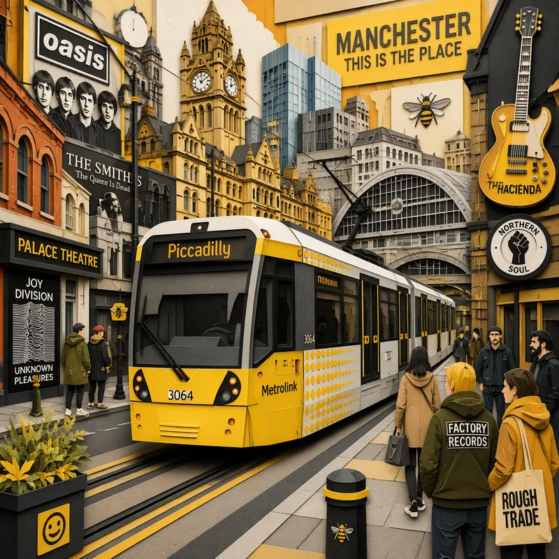 Metrolink-raitiovaunu liikkumassa kaupungin keskustassa