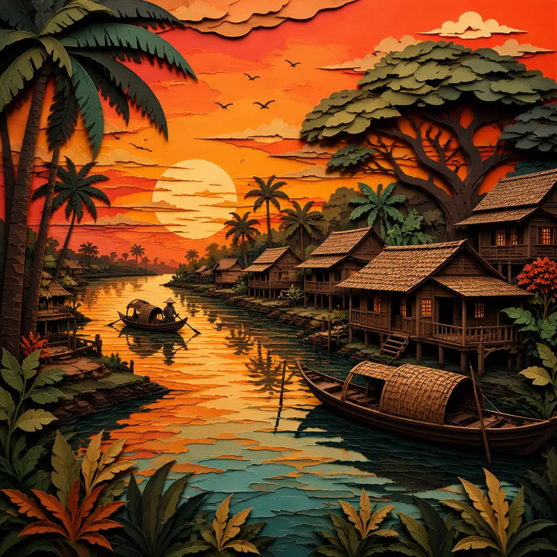 Auringonlasku Mekong-joen rannalla ja perinteisiä jokivarsitaloja