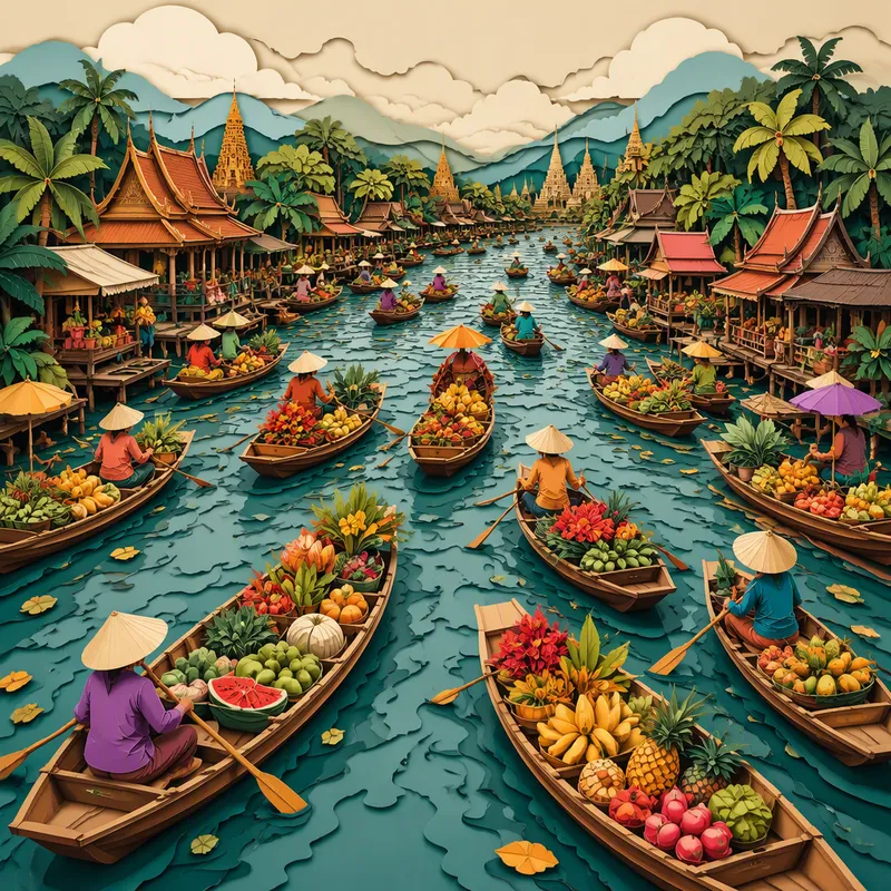 Kelluvat markkinat Mekong-joella täynnä tuoreita hedelmiä