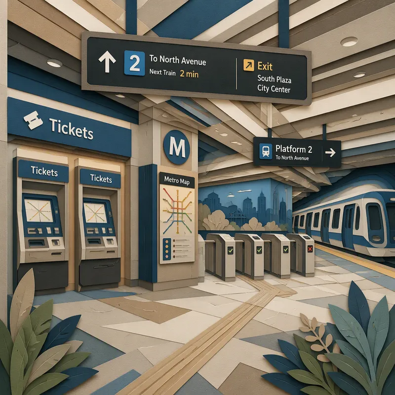 Metroseisäkkeen moderni lippuautomaatti ja opasteet Metroseisäkkeen moderni lippuautomaatti ja opasteet