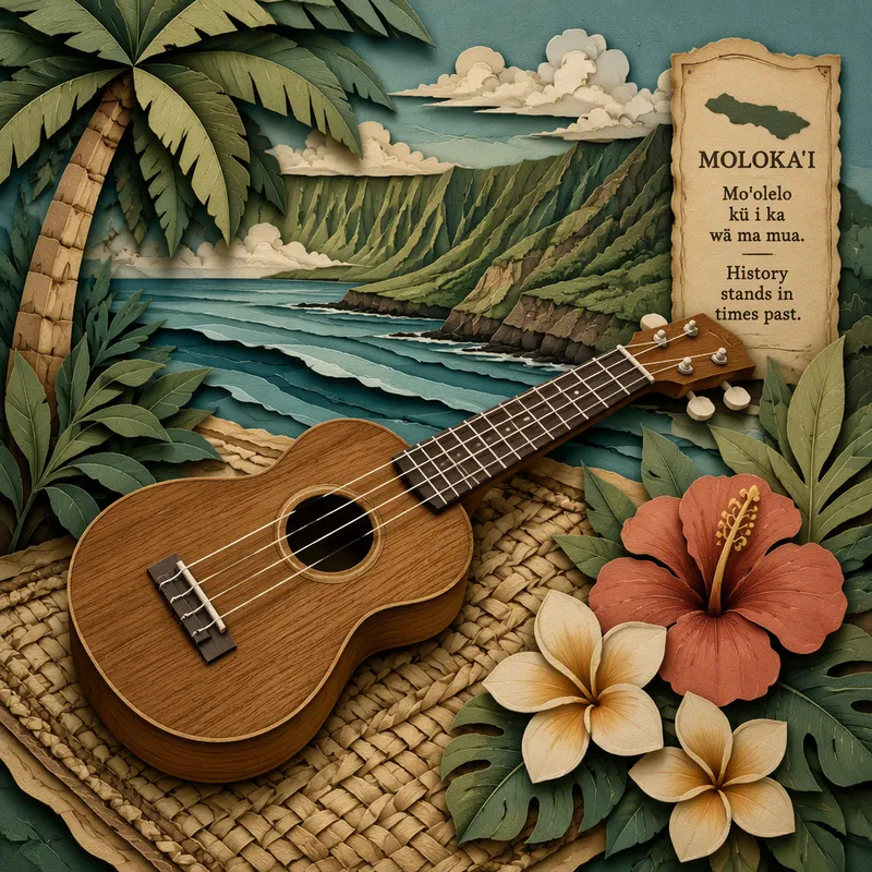 Perinteinen ukulele asetettuna punotulle alustalle Perinteinen ukulele asetettuna punotulle alustalle