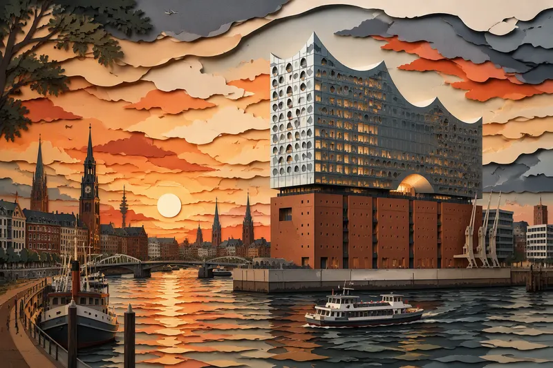 Hampurin Elbphilharmonie-konserttitalo satamassa auringonlaskun aikaan