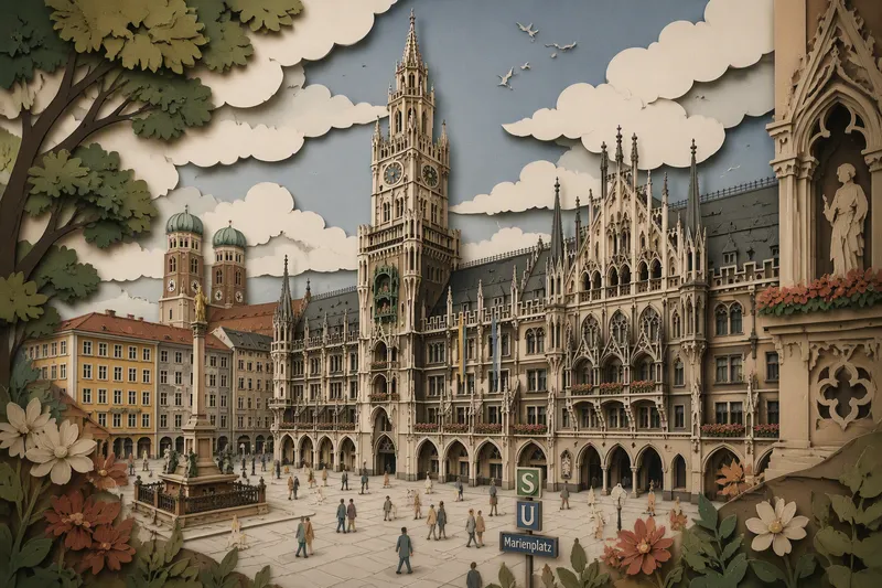 Marienplatz ja uusi kaupungintalo Münchenin keskustassa Marienplatz ja uusi kaupungintalo Münchenin keskustassa