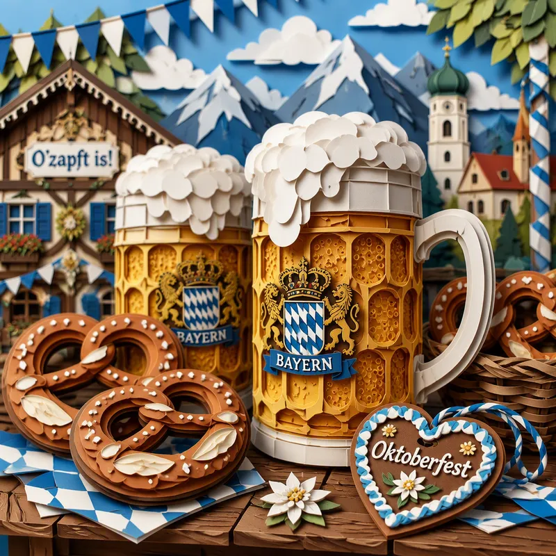 Baijerilaisia olutkannuja ja pretzeleitä puisella pöydällä Baijerilaisia olutkannuja ja pretzeleitä puisella pöydällä