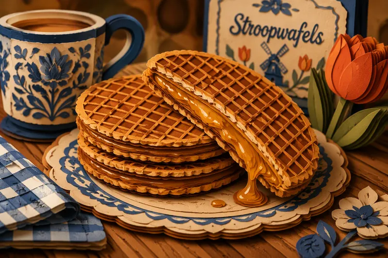 Tuoreita stroopwafel-vohveleita puisella pöydällä Tuoreita stroopwafel-vohveleita puisella pöydällä
