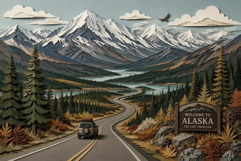 Auto ajamassa tyhjällä tiellä Alaskan erämaassa Auto ajamassa tyhjällä tiellä Alaskan erämaassa