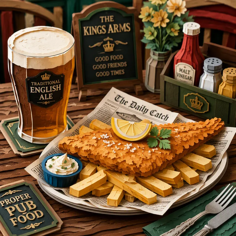 Perinteinen fish and chips -annos pubissa