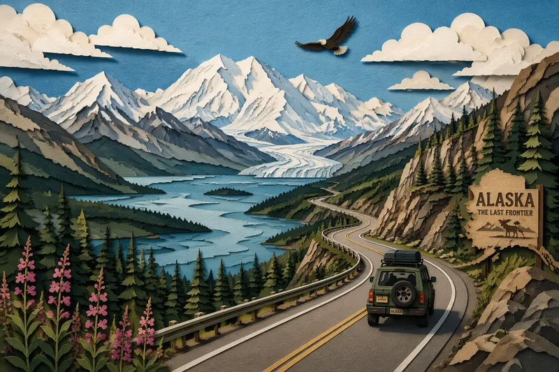 Maisematie Alaskan vuoriston halki kesällä Maisematie Alaskan vuoriston halki kesällä