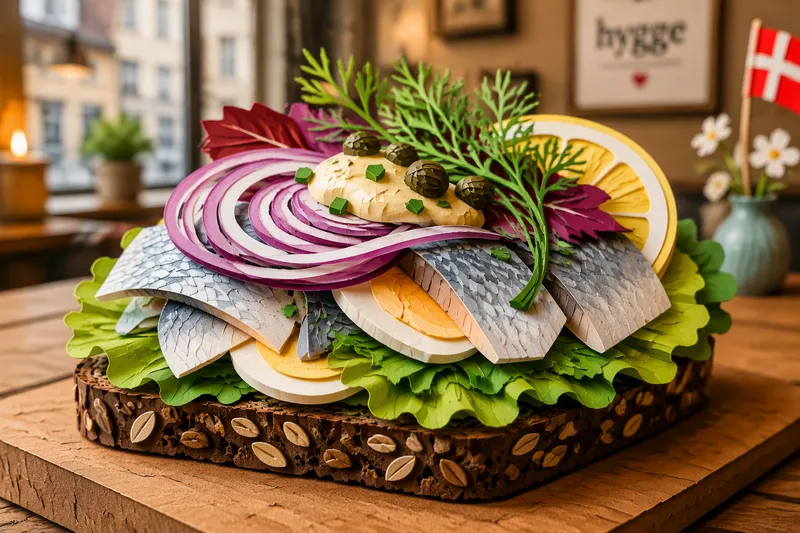 Perinteinen tanskalainen smørrebrød-voileipä
