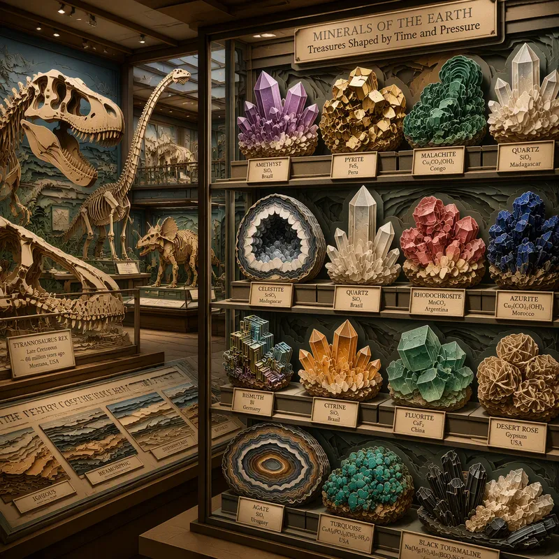 Monivärisiä mineraaleja ja kristalleja museon vitriinissä Monivärisiä mineraaleja ja kristalleja museon vitriinissä