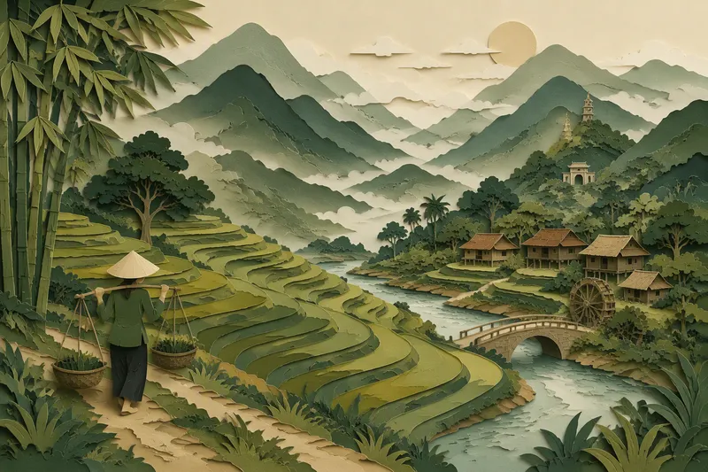 Vietnamilaiset riisipellot vuoristoisessa maisemassa Vietnamilaiset riisipellot vuoristoisessa maisemassa