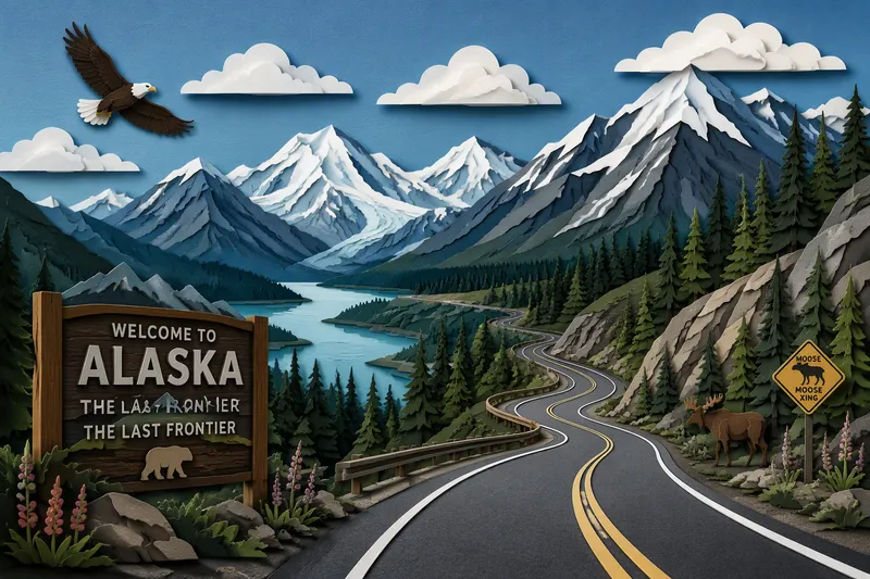 Mutkitteleva tie Alaskan vuoristomaisemissa Mutkitteleva tie Alaskan vuoristomaisemissa