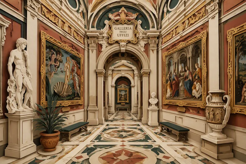 Historiallinen italialainen taidegalleria korkeilla kattoilla